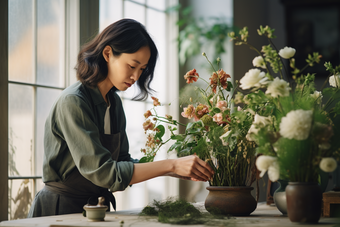 女士插花女生摆放