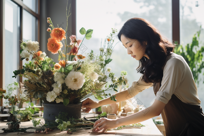 女士插花鲜情趣