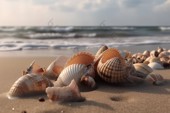 沙滩上的贝壳大海浪花
