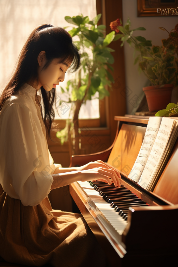 弹钢琴的孩子温馨学乐器
