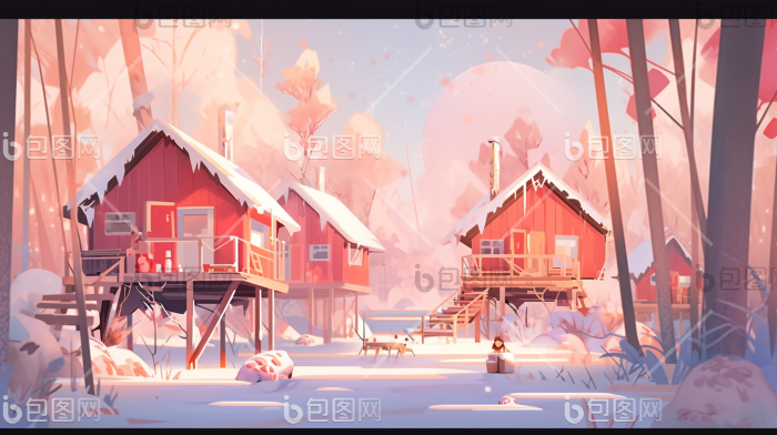 冬日森林温暖小屋山脉光线插画图片-包图网