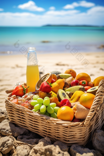 夏日沙滩<strong>水果饮品</strong>大海