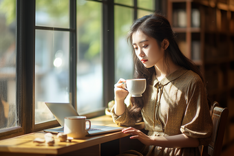 在咖啡厅读书的女士认真室内