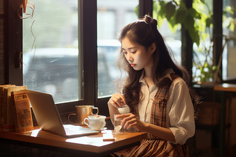 在咖啡厅读书的女士仔细温馨