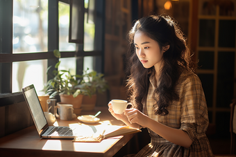 在咖啡厅读书的女士学习宁静