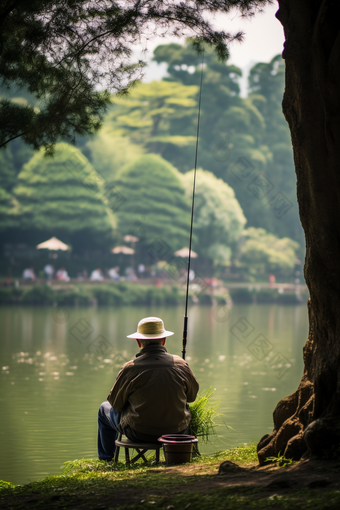 在公园里<strong>钓鱼</strong>的老爷爷垂钓宁静