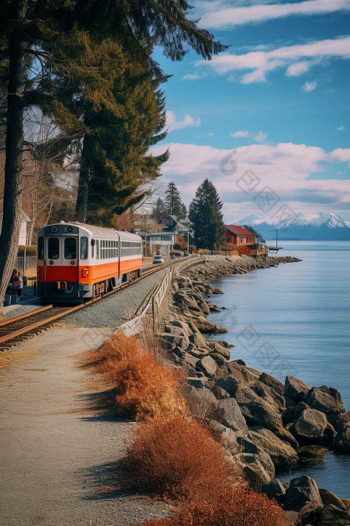 海边火车植物道路