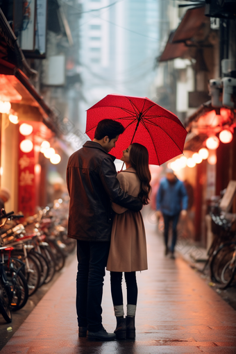 下雨天打伞的情侣车道雨景