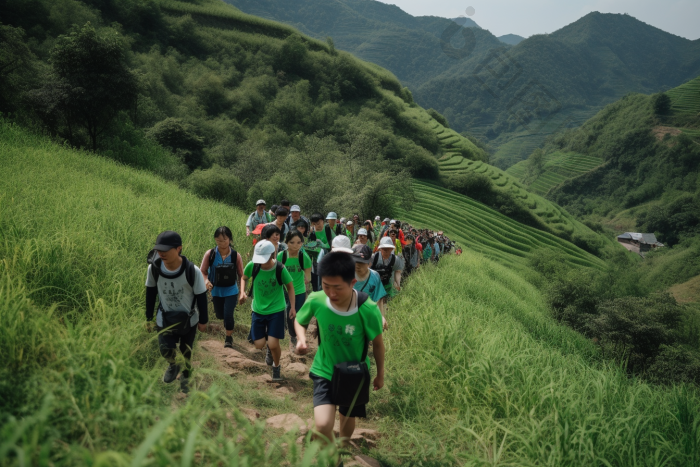 团队徒步旅行登山图片-包图网