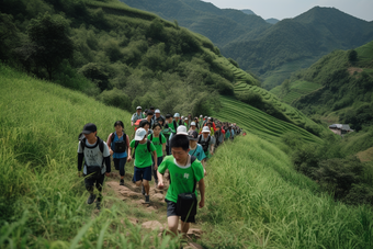 团队徒步旅行登山探险郊游