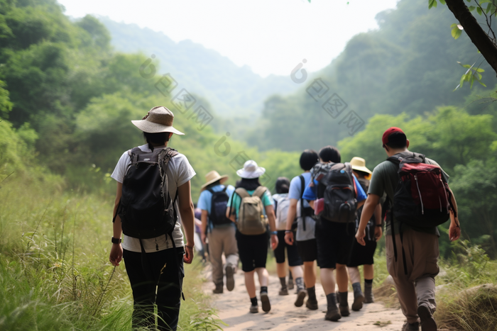 团队徒步旅行登山冒险旅游