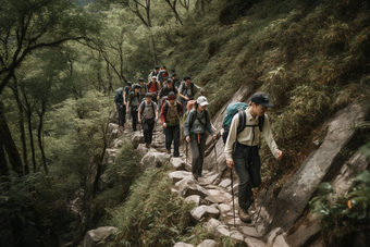 团队徒步旅行登山冒险爬山