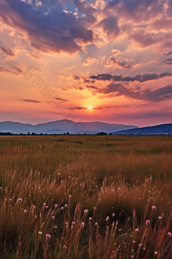 夕阳下的山脉唯美竖图云彩草坪