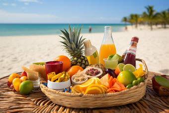 照夏日沙滩水果消暑饮料