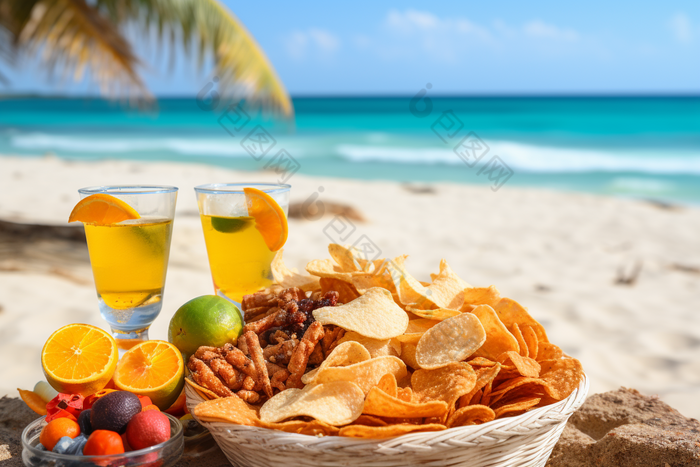 夏日沙滩水果饮品海水