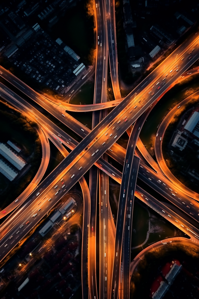     夜间城市交通枢纽高速公路鸟瞰图