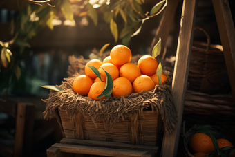 竹筐里的橙子水果可口