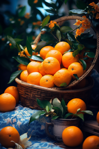 竹筐里的橙子水果深色