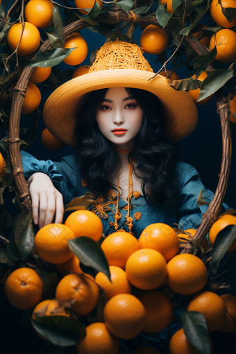 竹筐里的橙子与女孩摄影图11
