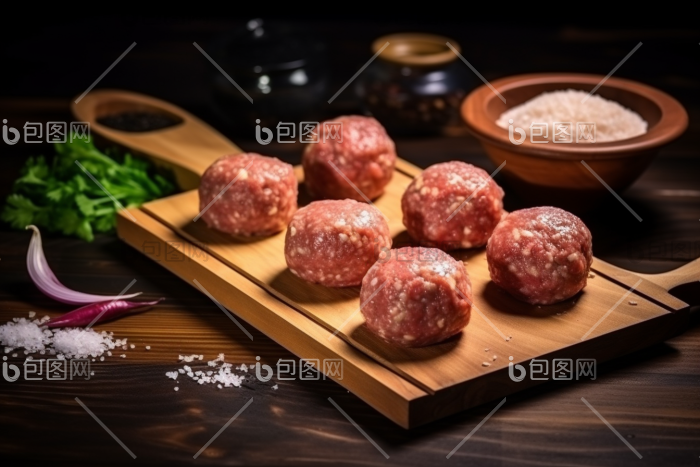 摆在案板上的猪肉丸子猪子新鲜图片-包图网