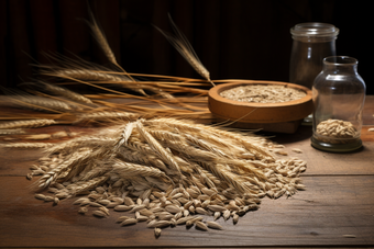 散落桌面的大麦颗粒麦穗五谷