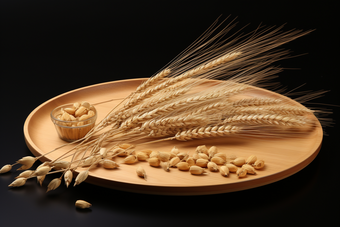 置入盘中的小麦颗粒与麦穗五谷谷物类