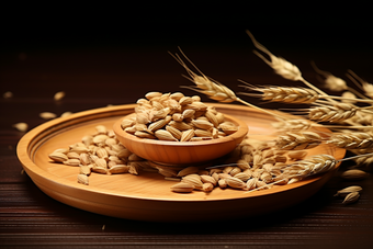 置入盘中的小麦颗粒与<strong>麦穗</strong>麦粒谷物类