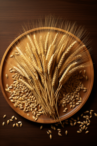 置入盘中的小麦颗粒与麦穗麦粒农作物