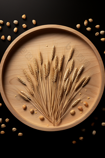 置入盘中的小麦颗粒与麦穗麦粒五谷
