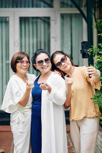 集团迷人的<strong>越南高级</strong>女性太阳镜采取自拍智能手机在户外使心手势手指