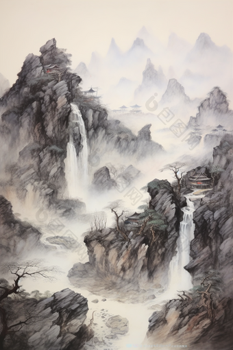 高山耸立水墨山水画中国传统文化