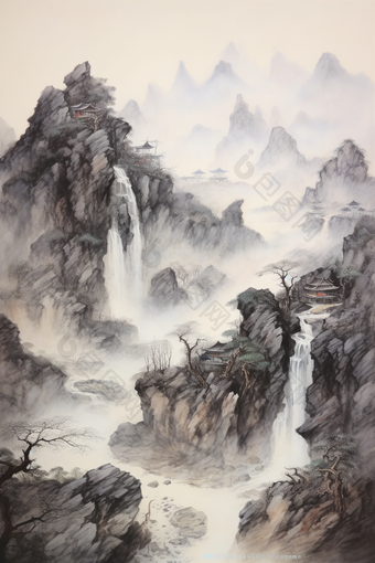 高山耸立水墨<strong>山水画</strong>中国传统文化