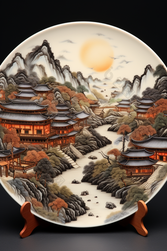 山水人家彩瓷盘<strong>藏品</strong>山水画商品