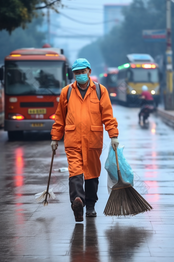 环卫工人工作街道下雨