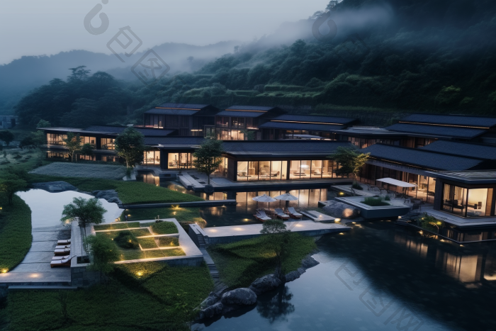 山间田园度假村酒店建筑外观图片-包图网