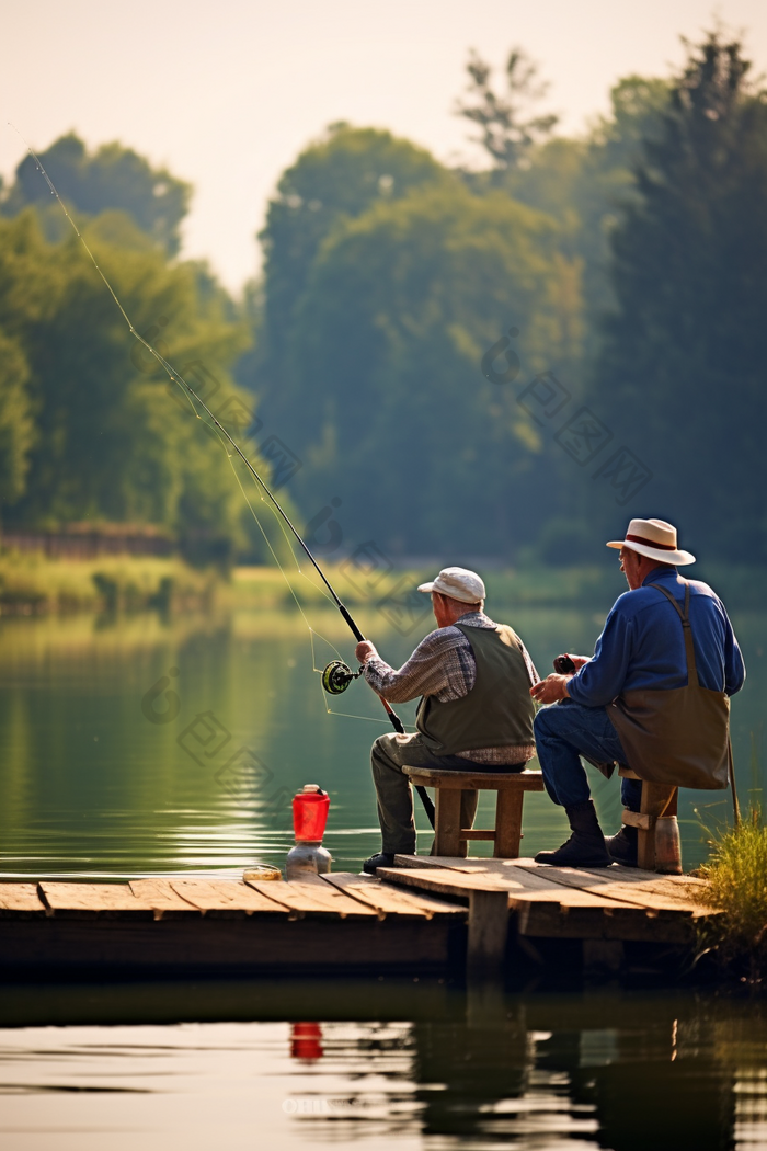 公园中钓鱼的老人河边安静