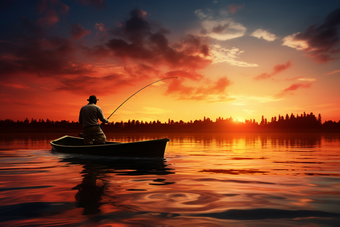 夕阳下在小船中钓鱼男人天空