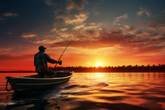 夕阳下在小船中钓鱼摄影图7