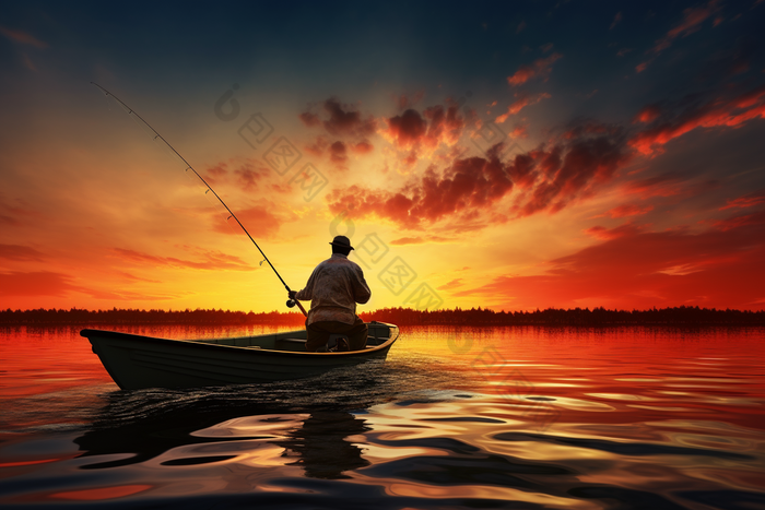 夕阳下在小船中钓鱼男人海面