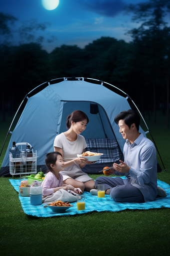 一家人在草地上野营露营食物