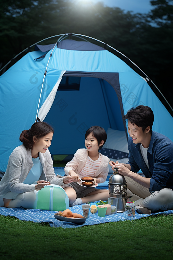 一家人在草地上野营露营野餐
