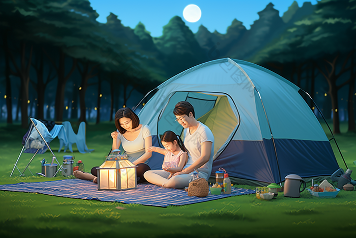 一家人在草地上野营露营帐篷