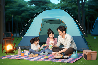 一家人在草地上野营露营野餐布