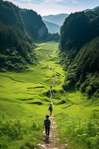 高山森林中的徒步旅行者者<strong>装备</strong>