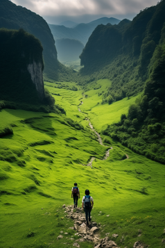 高山森林中的徒步旅行者摄影图6
