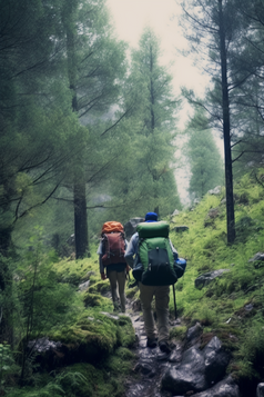 高山森林中的徒步旅行者摄影图5
