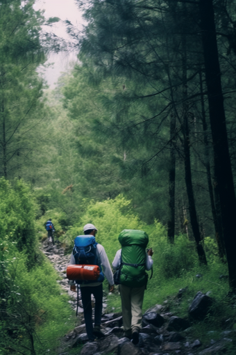 高山森林中的徒步旅行者者装备