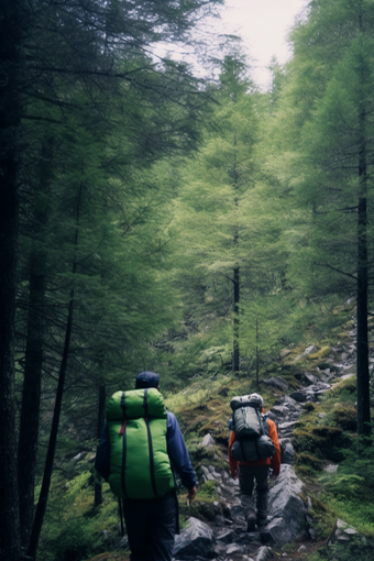 高山森林中的徒步旅行者者装备