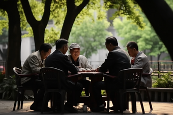 老人树荫下下棋<strong>喝茶</strong>聚集业余爱好