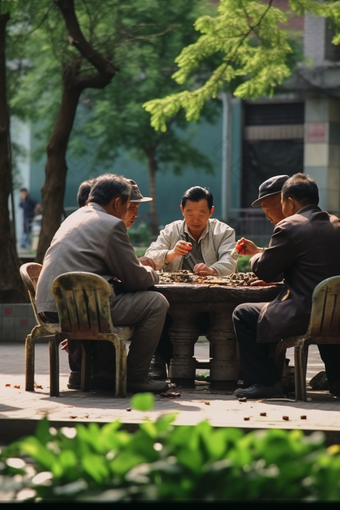 <strong>老人</strong>树荫下下棋喝茶居民区场景